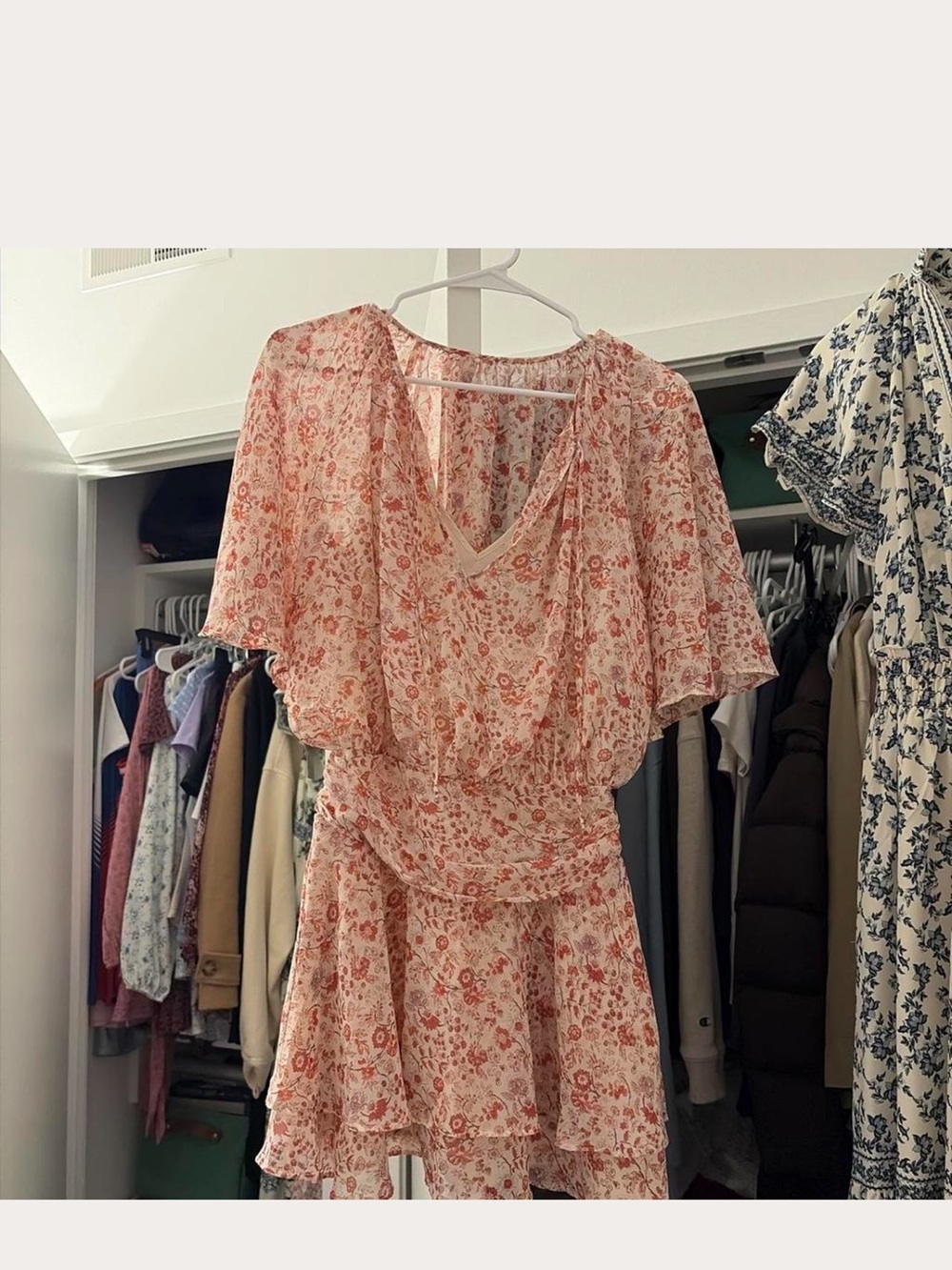 Abercrombie Floral Ruffle V-Neck Mini Dress in Blush Pink